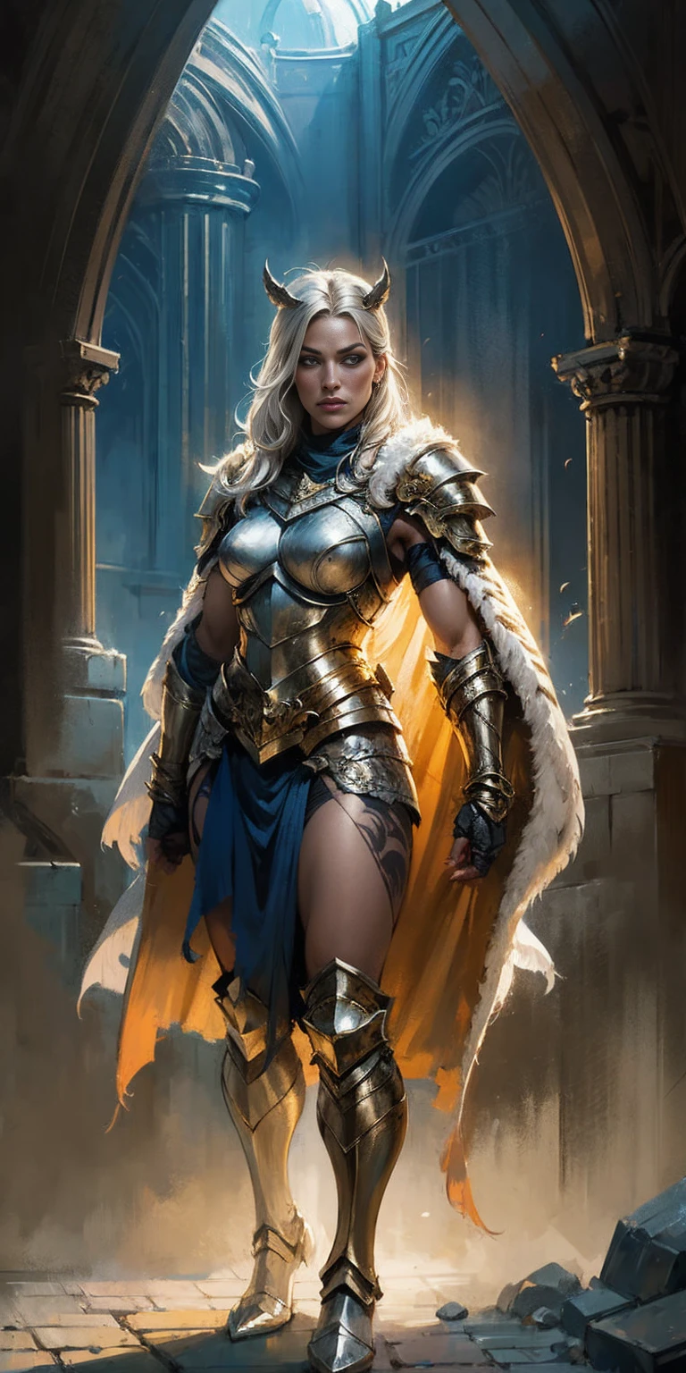 )fantasy art, dnd art, RPG art, wide shot, (masterpiece: 1.4) a (portrait: 1.3) intense details, highly detailed, photorealistic, best quality, highres, portrait a vedalken female (fantasy art, Masterpiece, best quality: 1.3) ((blue skin: 1.5)), intense details facial details, exquisite beauty, (fantasy art, Masterpiece, best quality) cleric, (blue colored skin: 1.5) 1person blue_skin, blue skinned female, (white hair: 1.3), long hair, intense (green: 1.3) eye, fantasy art, Masterpiece, best quality) armed a fiery sword red fire, wearing heavy (white: 1.3) half plate mail armor, wearing high heeled laced boots, wearing an(orange :1.3) cloak, wearing glowing holy symbol GlowingRunes_yellow, within fantasy temple background, reflection light, high details, best quality, 16k, [ultra detailed], masterpiece, best quality, (extremely detailed), close up, ultra wide shot, photorealistic, RAW, fantasy art, dnd art, fantasy art, realistic art,((best quality)), ((masterpiece)), (detailed), perfect face