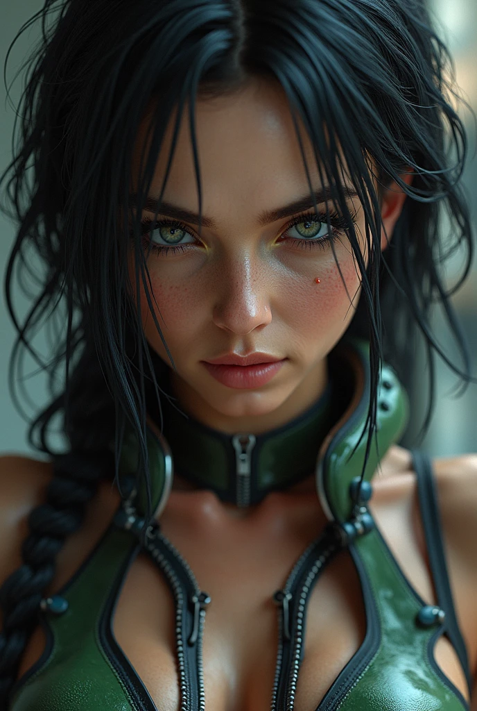 (ultra real), (figure), (High resolution), (8K), (very detailed), (Best figure), (detailed and beautiful eyes), (highest quality), (Super detailed), (masterpiece), (wallpaper), (detailed face), Generate a highly realistic image of Kerrigan, Queen of blades, , black hair, short hair, straight hair, , heavy , saggy , prominent collarbones, skinny arms, flat stomach, visible hip bones, capturing every detail with stunning clarity, ((perfect :1.2,realistic:1.3,RAW Photography:1.3,masterpiece、highest quality、Ultra - High resolution、High resolution、Highly detailed CG、8K)), The outfit should be alluring ,overly revealing, unzipped:1.2, ((costume is unzipped )), narrow waist, wide , slender body, thigh gap, skinny, (oily skin,gleaming skin,pale skin,sweat:1.2), (ironman), ((Full body)),