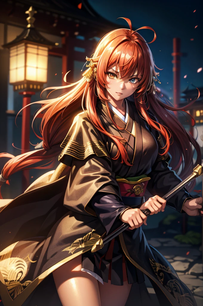 1 girl in armor, Wearing light armor, dark-skinnedfemale, scar on face, intence sirious, snake pupils, golden eyes, lightred hair, もみあげ, ahoge, hair over one eye, long hair, black kimono, japanese old castle in the background, cinematic lighting, cowboy shot, close-up, UHD, retina, masterpiece, accurate, anatomically correct, textured skin, super detail, high details, high quality, award winning, best quality, highres