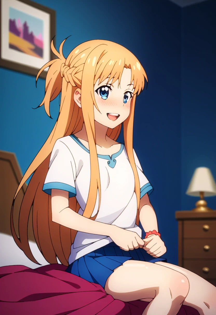 (( best quality)), ((masterpiece)), (be familiar with),  perfect face, indoor, bedroom,  watching viewers ,
One woman,  Asuna Yuki,
 characters with open mouth ,  ecstatic expression with hands in front of body, blush, smile,
Small breasts,  flat chest, Young girl, Lori,  kids,  girl,
 long hair,  long hair,
Leg spread,