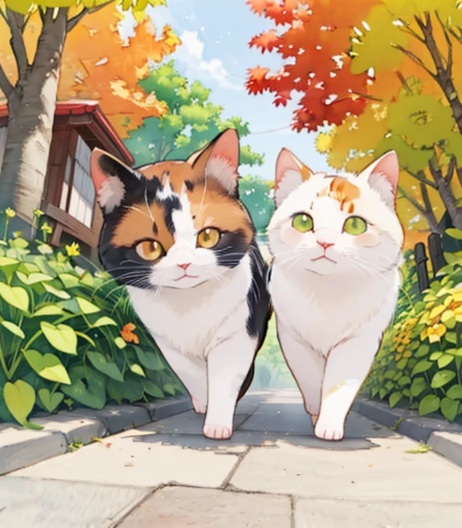 (masterpiece),( best quality),(  very detailed),(  in high resolution),((Line art)),((watercolor)),16k,  wallpaper,三毛猫の  very detailedな絵、 crazy details ， very detailed猫， My house where calico cats roam ，Walking the promenade三毛猫マンチカン，Autumn in old Japanese town、Walking the promenade， fall leaves for vaginal discharge， sunlight filtering through the trees，Another World、The creation of silence、Long Hit、The target is small、