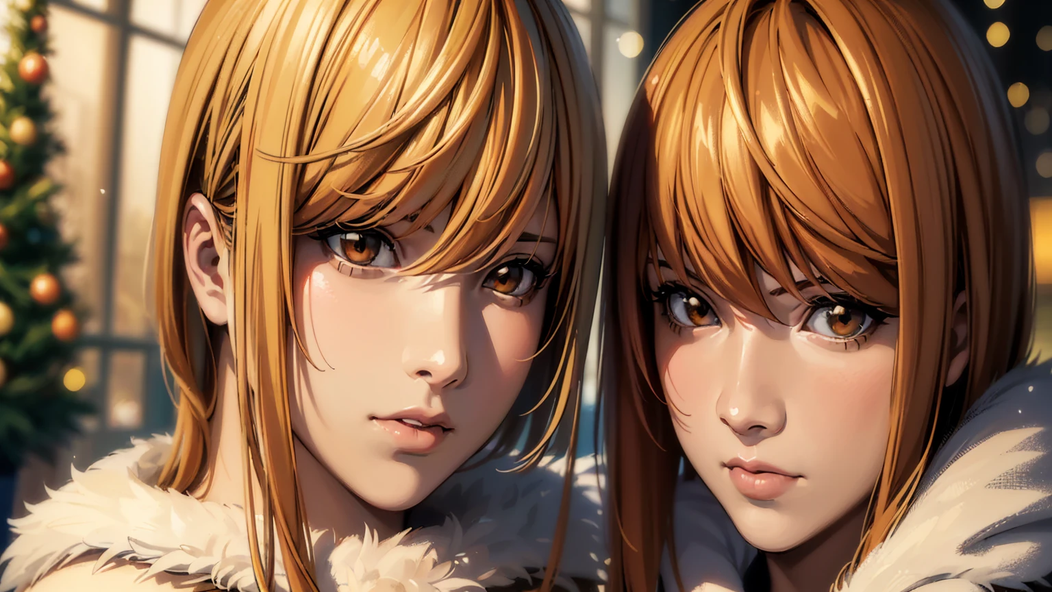 A young couple in a 2D anime style, Light Yagami and Misa Amane, portrait in a romantic Christmas scene, beautiful detailed eyes, beautiful detailed lips, extremely detailed eyes and face, long eyelashes, romantic winter landscape, snow falling, Christmas lights, warm color tones, soft lighting, intimate pose, cozy atmosphere, winter wonderland, dreamy, magical, (best quality,4k,8k,highres,masterpiece:1.2),ultra-detailed,(realistic,photorealistic,photo-realistic:1.37),vibrant colors, beautiful lighting, detailed anime art