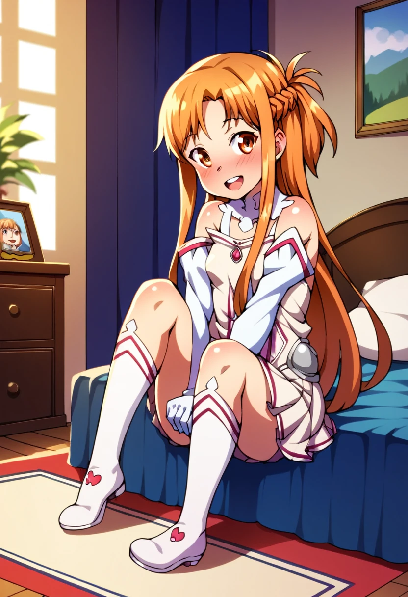 (( best quality)), ((masterpiece)), (be familiar with),  perfect face, indoor, bedroom,  watching viewers ,
One woman,  Asuna Yuki,
 characters with open mouth ,  ecstatic expression with hands in front of body, blush, smile,
Small breasts,  flat chest, Young girl, Lori,  kids,  girl,
 long hair,  long hair,
Leg spread,