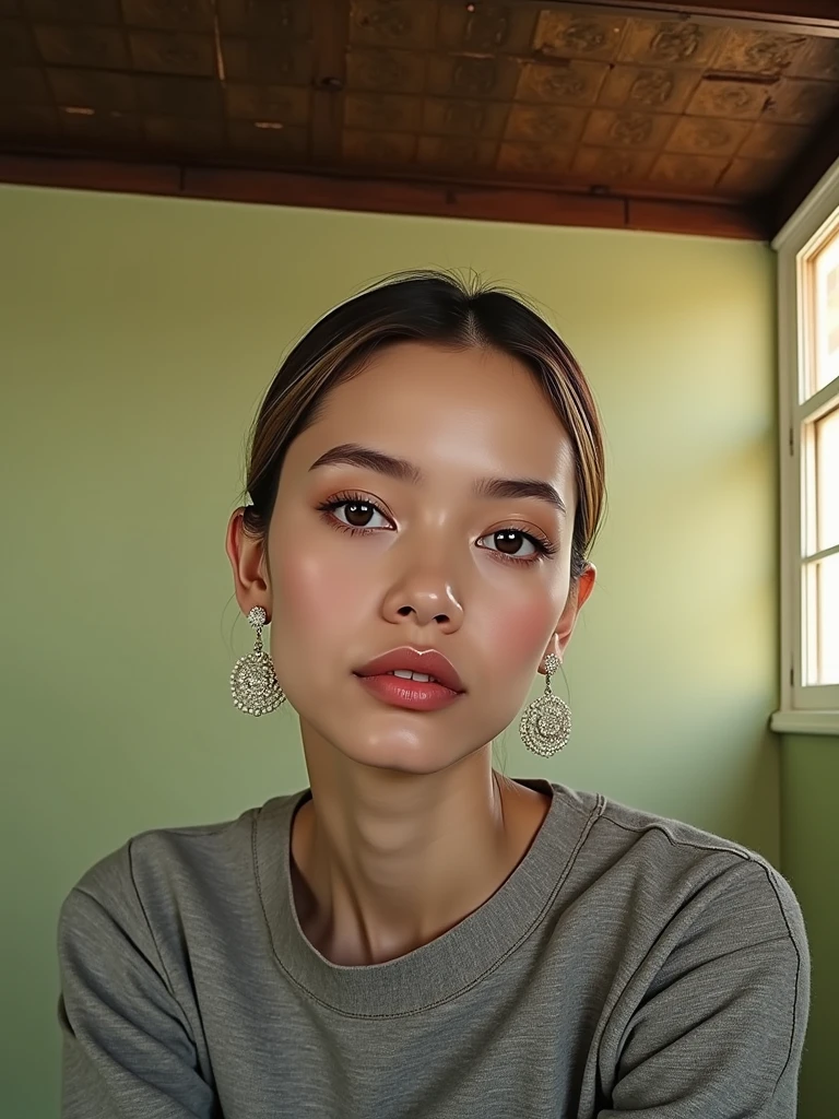 Use this image to create a beautiful woman who has the same facial features as the person in the image