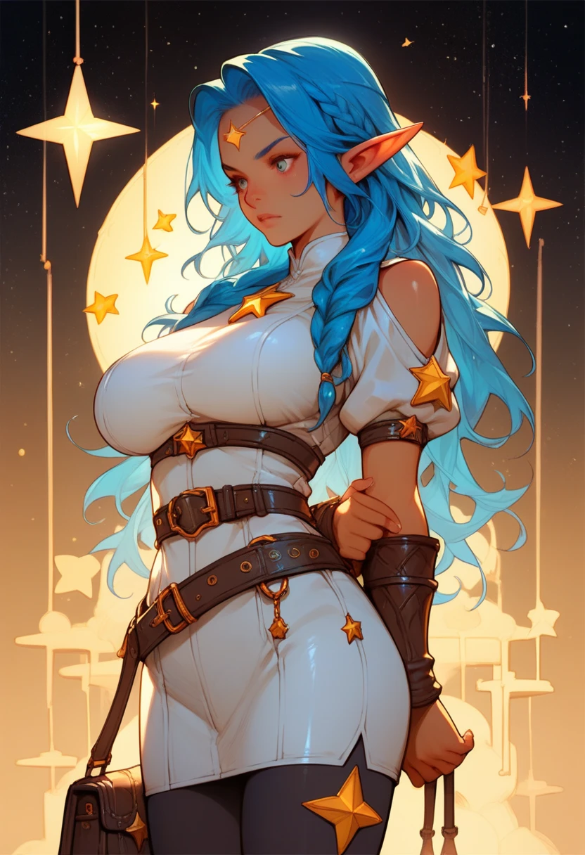 Masterpiece, Hyper detailed, Best quality, UHD, Ultra high resolution, (16K), (((3D))), ((Close up)), :D expression, Nipples, ((Topless)), ((Long revealing black sci-fi dress with gold trim)), Voluptuous, Sexy, Curvy waist, Wide hips, (((Goddess emerging from nebula))), Long elf ears, (Blue eyes, Longeyelashes), (Long silver braided hair), (Celestial abstraction, Cosmic patterns, Galactic swirls, Ethereal glow), AGGA_ST009