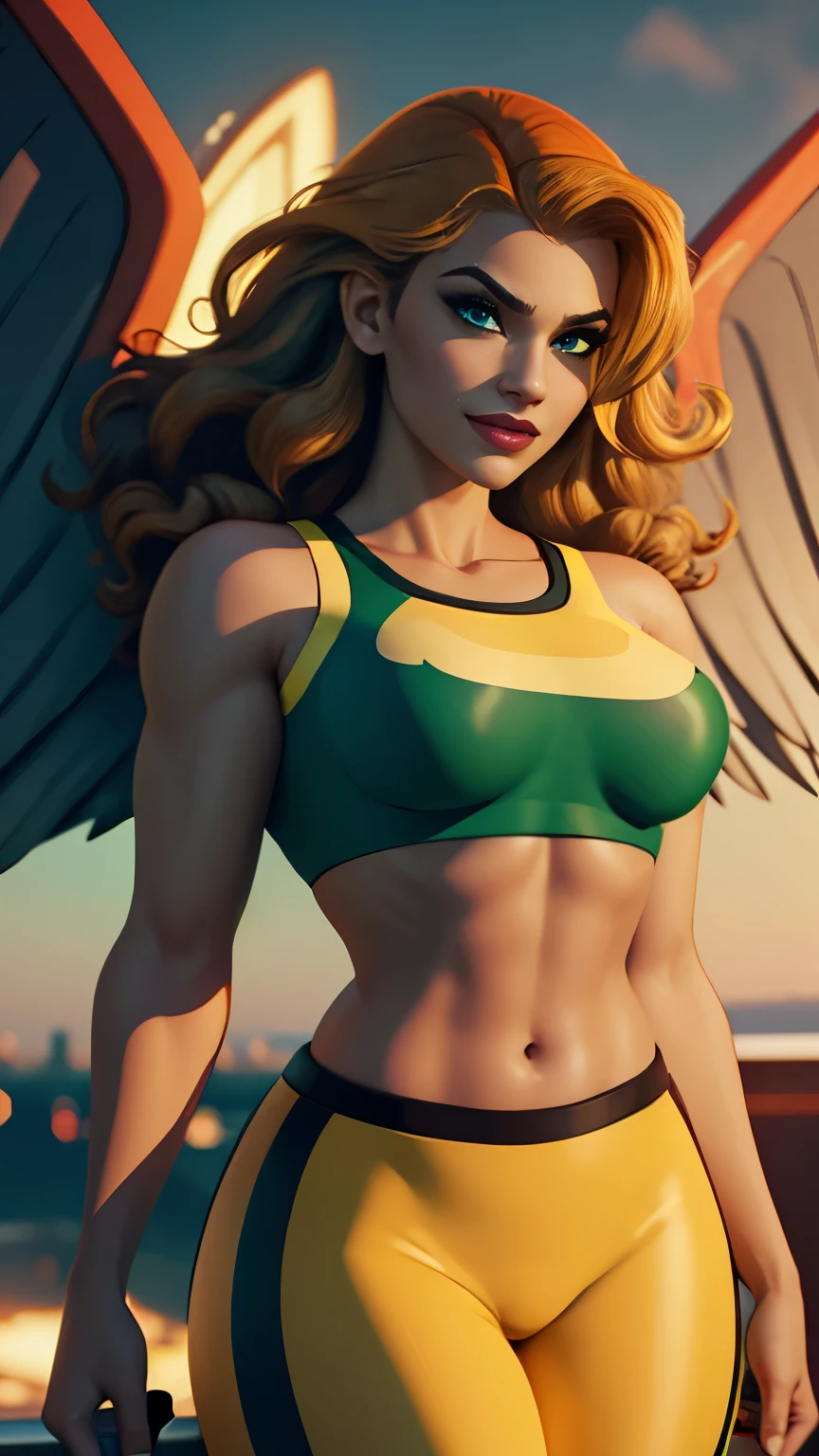 Hawkgirl da DC,(best qualityer,4K,8k,high resolution,work of art:1.2)(weather: windy), 1girl, solo girl, sky castle background, victorian hall, long curly hair, ginger hair, freckles, cropped sport shirt, tight pants, closed fists, ultra detailed wings, realistic,beautiful detailed green eyes, beautiful detailed lips,extremely detailed eye and face, long eyelashes,average,medium breasts,beaming smile, cute smile,powerful girl, bright coloured, dramatic lighting, wings wide open, hair flying,