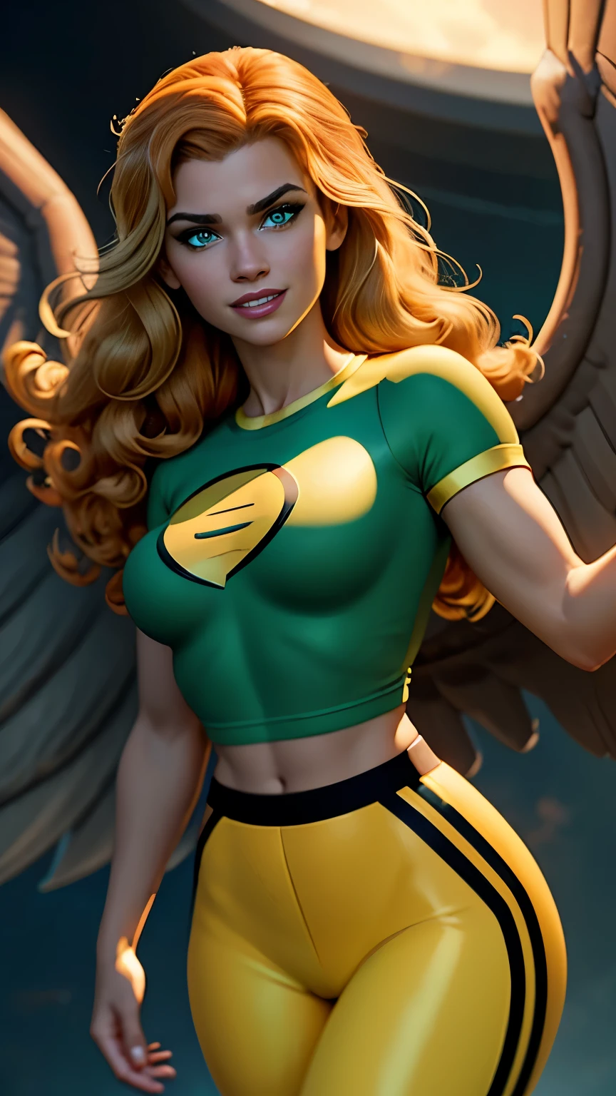 Hawkgirl da DC,(best qualityer,4K,8k,high resolution,work of art:1.2)(weather: windy), 1girl, solo girl, sky castle background, victorian hall, long curly hair, ginger hair, freckles, cropped sport shirt, tight pants, closed fists, ultra detailed wings, realistic,beautiful detailed green eyes, beautiful detailed lips,extremely detailed eye and face, long eyelashes,average,medium breasts,beaming smile, cute smile,powerful girl, bright coloured, dramatic lighting, wings wide open, hair flying,