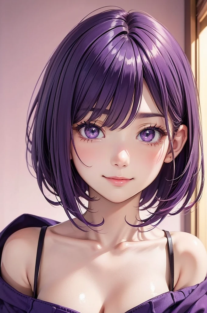 (masterpiece, best quality), 1girl, solo, purple hair, short hair, inverted bob, purple eyes, small breasts, narrow waist, long eyelashes, tank top, low neckline, jeans, open cardigan, off shoulder, indoors, light rays, light particles, portrait, looking at viewer, parted lips, light smile sexually suggestive