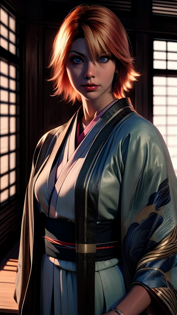 joanna dark, short hair, red hair, blonde hair, blue eyes, (((sexy kimono))), (((tanned skin))), ((fit body)), photorealistic, masterpiece, realistic, realism, photorealism, high contrast, photorealistic, 8k HD high definition detailed realistic, detailed, skin texture, hyper detailed, realistic skin texture, best quality, (photorealistic:1.4), high resolution, detailed, raw photo, photo realistic, (high detailed skin:1.2), 8k uhd, dslr, soft lighting, high quality, film grain, Fujifilm XT3), hyper realistic lifelike texture dramatic lighting unreal engine, even, neutral light, key light, bold, bright colours, (((japanese mansion, traditional japanese mansion))), in PIT-Erotic-style style