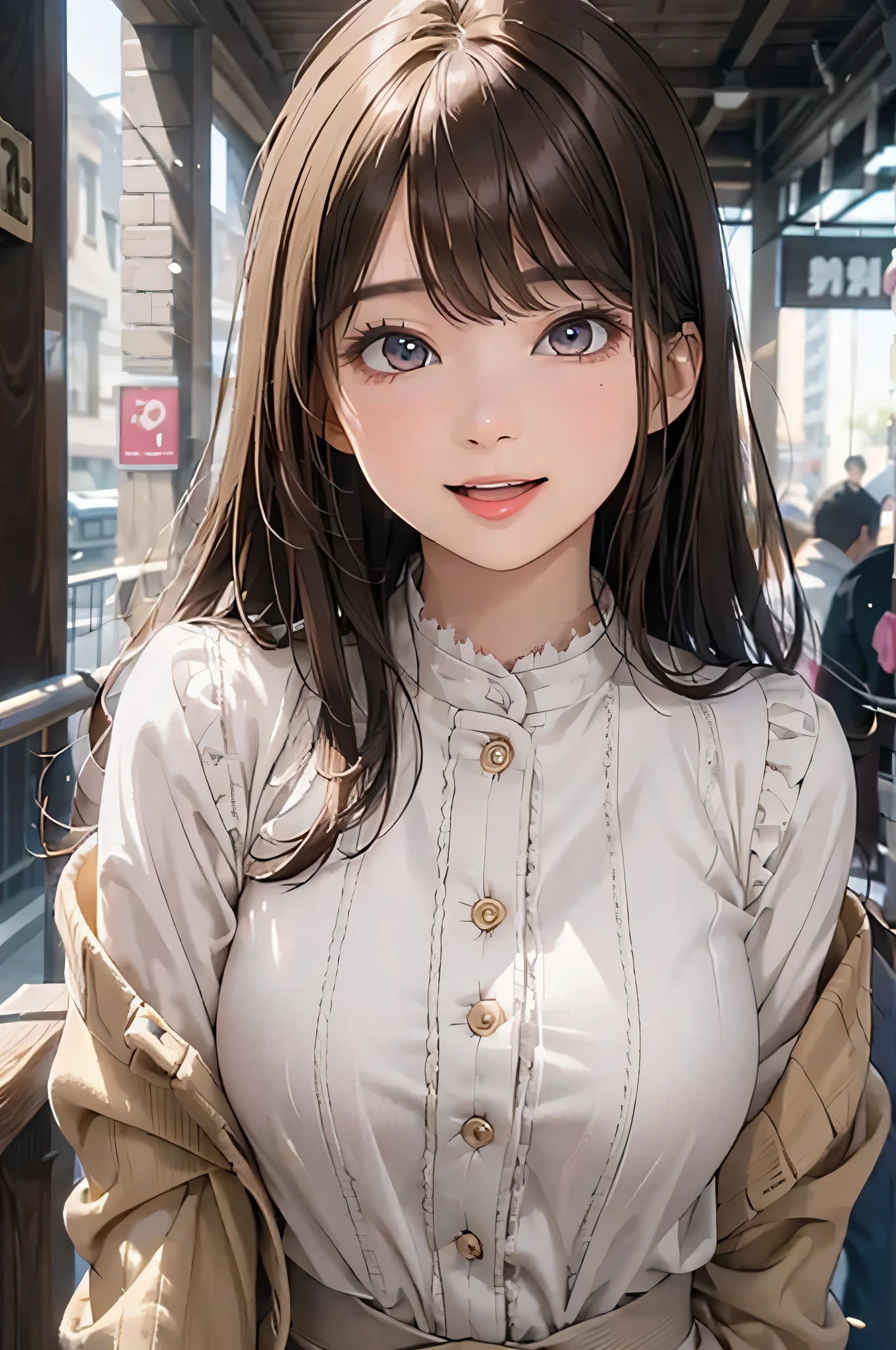 ((((highest quality)))), (((Ultra-precision CG 16K))), (((masterpiece))), (((Very detailed))), (((Extremely detailed))), (((Black outline:1.3, Written boundary depth:1.3 , Written soft outline))), Blur, Bokeh, Maximum clarity and sharpness,Multilayer Texture, Surface Shading, Cinematic lighting, Beautiful details sparkle ,Perfect Proportions, Limited to one woman, BREAK accurate, Anatomically correct, Highly detailed face and skin texture, drawn in detail, Highly detailed facial and skin texture, Detailed eyes, beautiful hair, Beautiful Japanese Idol face, Beautiful and beautiful eyes, Beautiful body, Beautiful breasts, Beautiful thighs, Beautiful legs, Beautiful fingers, (Beautiful views) , skinny body,  ((Beautiful Skin)), ((Skin Texture)) BREAK breast enlarged, large Breasts, perky , (blush, smiling:1.3, brown eyes, pink cheek, Double eyelids, Thin eyebrows, narrow eyes:1.3, Natural cheeks, Glossy skin, Fair skin:1.2, (Glossy lips:1.4, shiny lips: 1.4 ), high school student, Attractive adult woman ) , twin braid, Long Hair, Striped Hair, Hair Intake, Inner hair color, BREAK (sports-casual, wearing outerwear outfits to button up) , nail art, necklace, Bridal Ring, wearing a watch BREAK (on all four, Stretching:1.3), standing:1.3 , (full-body-shot:1.3), looking away , from below:1.3 , from side