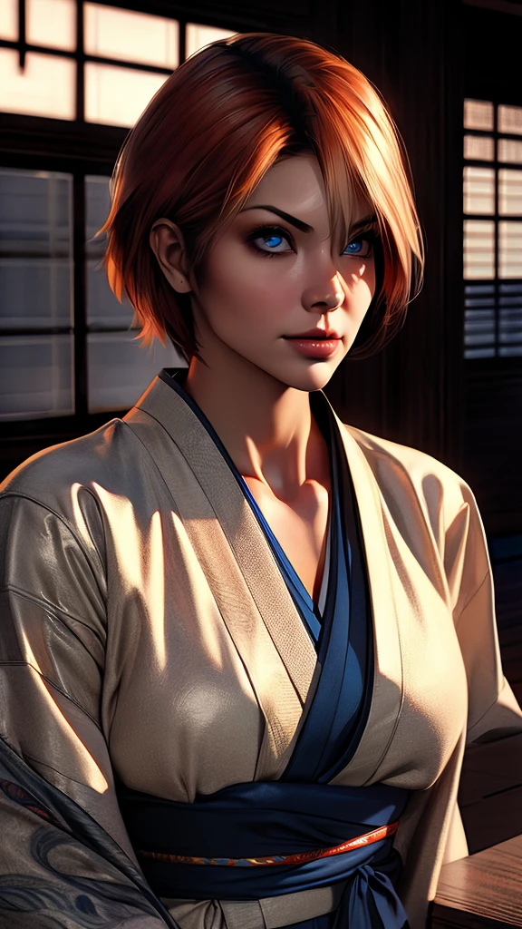 joanna dark, short hair, red hair, blonde hair, blue eyes, (((sexy kimono))), (((tanned skin))), ((fit body)), photorealistic, masterpiece, realistic, realism, photorealism, high contrast, photorealistic, 8k HD high definition detailed realistic, detailed, skin texture, hyper detailed, realistic skin texture, best quality, (photorealistic:1.4), high resolution, detailed, raw photo, photo realistic, (high detailed skin:1.2), 8k uhd, dslr, soft lighting, high quality, film grain, Fujifilm XT3), hyper realistic lifelike texture dramatic lighting unreal engine, even, neutral light, key light, bold, bright colours, (((japanese mansion, traditional japanese mansion))), in PIT-Erotic-style style