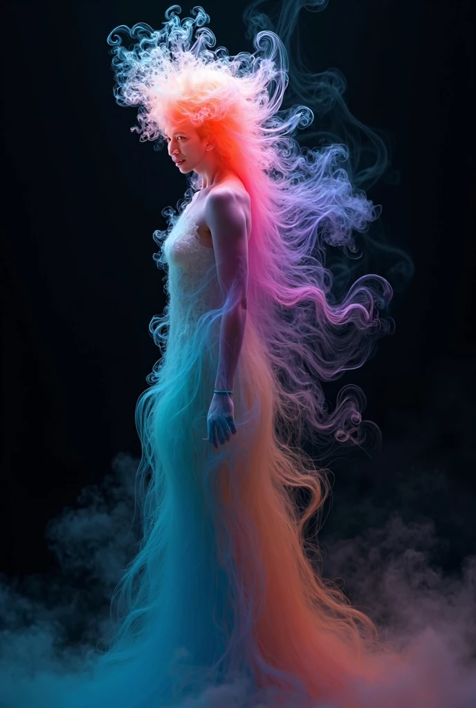 A man made of full colour vision of disturbing fog as a shape of smoke, ink, on a blink dark background, minimalist, aesthetic, surreal, natural vibrant colours, cinematic raking light, three-point perspective, dynamic composition, ultra-realistic, epic, stunning, highly-detailed, unique perspective, 8k UHH