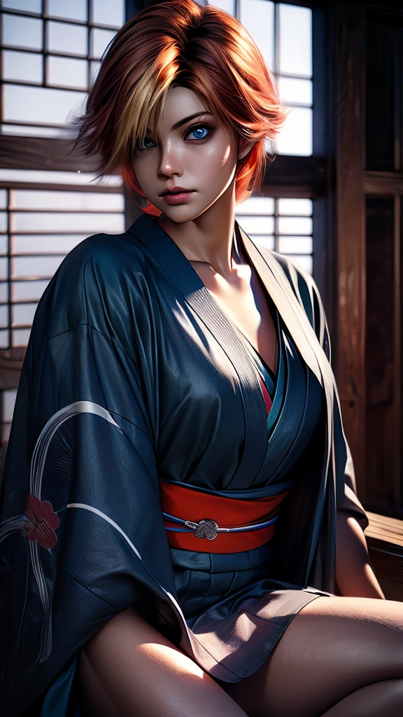 joanna dark, short hair, red hair, blonde hair, blue eyes, (((sexy kimono))), (((tanned skin))), ((fit body)), photorealistic, masterpiece, realistic, realism, photorealism, high contrast, photorealistic, 8k HD high definition detailed realistic, detailed, skin texture, hyper detailed, realistic skin texture, best quality, (photorealistic:1.4), high resolution, detailed, raw photo, photo realistic, (high detailed skin:1.2), 8k uhd, dslr, soft lighting, high quality, film grain, Fujifilm XT3), hyper realistic lifelike texture dramatic lighting unreal engine, even, neutral light, key light, bold, bright colours, (((japanese mansion, traditional japanese mansion)))