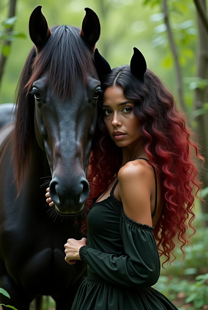 1fille avec les cheveux rouge sans vêtement à coter d’un god assie sur un chien 