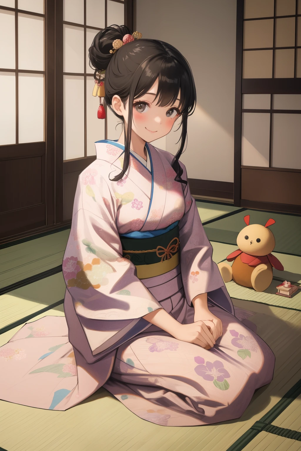   score_9,   score_8_up,   score_7_up,   score_6,   score_5_up,   score_4_upanime break，  It's a quiet, traditional Japanese-style room 、There are tatami mats and shoji doors  、  soft light shines in  .   A woman wearing a beautifully patterned kimono and obi gently holds the girl.   The two look at each other with a warm smile  . The girl is wearing a small kimono  ,   her hair is tied in a simple chignon  .   The room is full of toys and Len books  ,   creates a cozy atmosphere , 8k, Photo Style,  Girl Temptation，