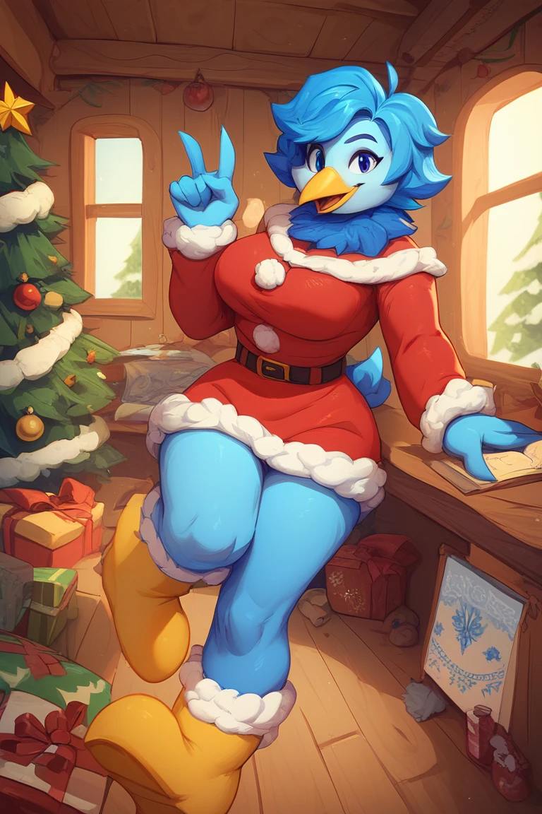 Martlet ,  Undertale Yellow , Alone, short blue hair, Blue plumage ,  Wings instead of arms ,  fitted blue long patalon , Yellow bird legs,  short blue bird tail ,  plumage around his light blue neck,  yellow bird beak ,  Simple background, Avián , anthropomorphic, FE, happy smile, trajes de Santa Claus FE, looking at the viewer, breasts, inside a cabin, Christmas.