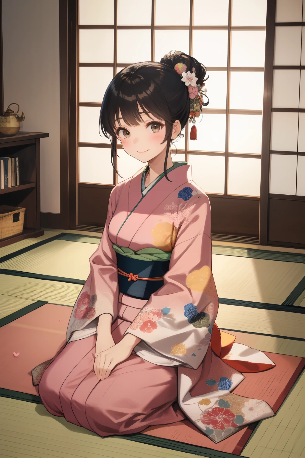   score_9,   score_8_up,   score_7_up,   score_6,   score_5_up,   score_4_upanime break，  It's a quiet, traditional Japanese-style room 、There are tatami mats and shoji doors  、  soft light shines in  .   A woman wearing a beautifully patterned kimono and obi gently holds the girl.   The two look at each other with a warm smile  . The girl is wearing a small kimono  ,   her hair is tied in a simple chignon  .   The room is full of toys and Len books  ,   creates a cozy atmosphere , 8k, Photo Style,  Girl Temptation，