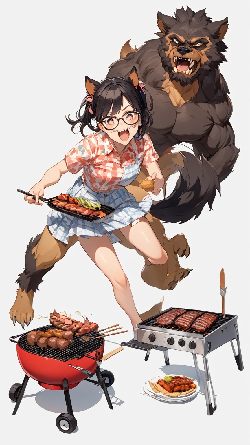 Black hair, glasses, dog ears, dog tail, beastman, barbecue, meat-eating girl