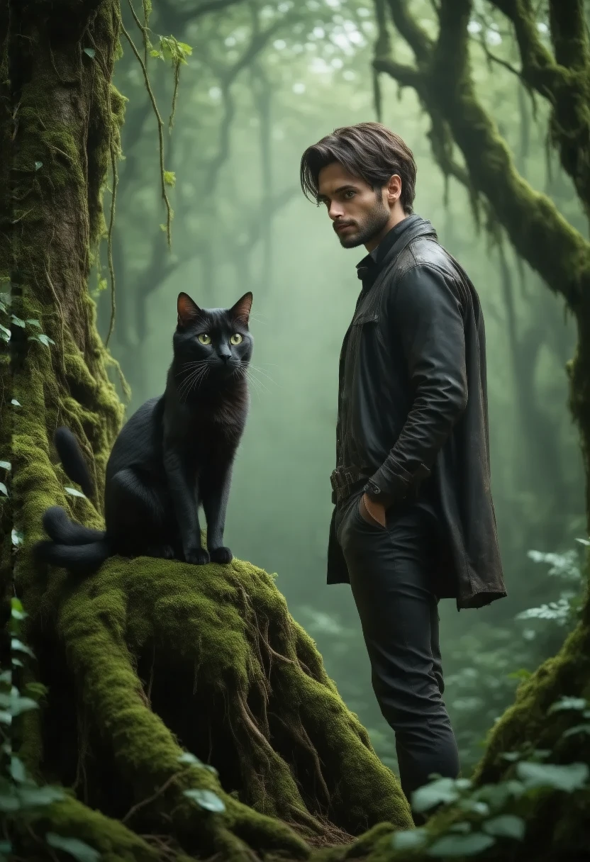 A cinematic scene set in an enchanting forest where a sleek black cat with piercing green eyes locks its gaze with a handsome man standing a few feet away. The cat crouches on a moss-covered tree root, its glossy fur reflecting the dappled sunlight filtering through the dense canopy above. The man, dressed in a dark, fitted jacket, has sharp features and intense blue eyes that mirror the cat’s focus. Around them, the forest is alive with vibrant shades of green, with rays of light streaming through the leaves, creating a surreal and mystical ambiance. The hyper-realistic textures capture the fine details of the cat's fur, the man’s rugged yet refined features, and the earthy tones of the forest.