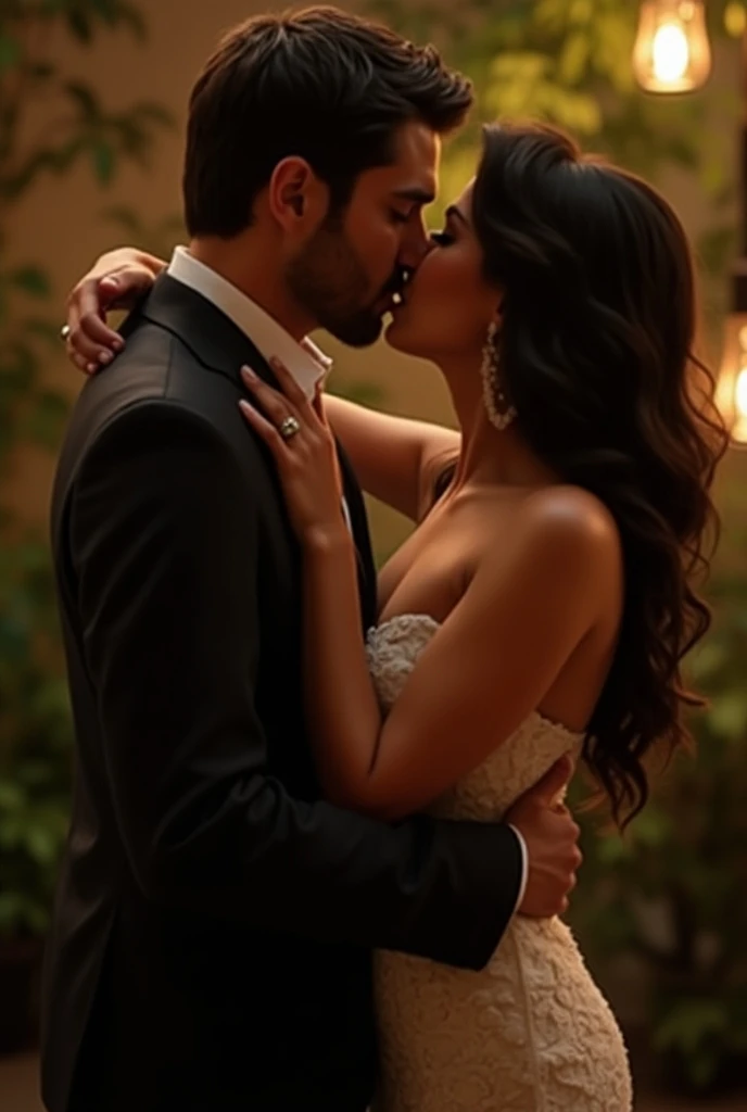 wedding day ,fishnets, threesome two guys one girl, tits , kissing , seducing
