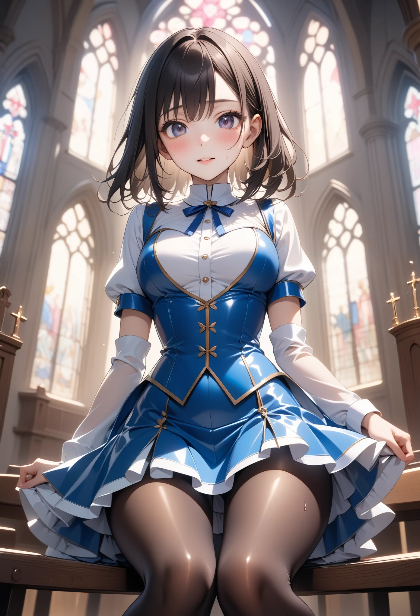 very cute and beautiful girl,(highly detailed beautiful face), (smile),blush,black hair,cowboy shot,looking at viewer,kneeling, (classic blue plaid lolita dress with detailed frills),detailed lace,skirt lift,(white panties), altar,church,indoors, (best quality,masterpiece:1.2),absurdres,highres,ultra-detailed,extremely detailed,32k,8k resolution, intricate details,cinematic scene,detailed background,solo,dynamic angle,(realistic),perfect hands,