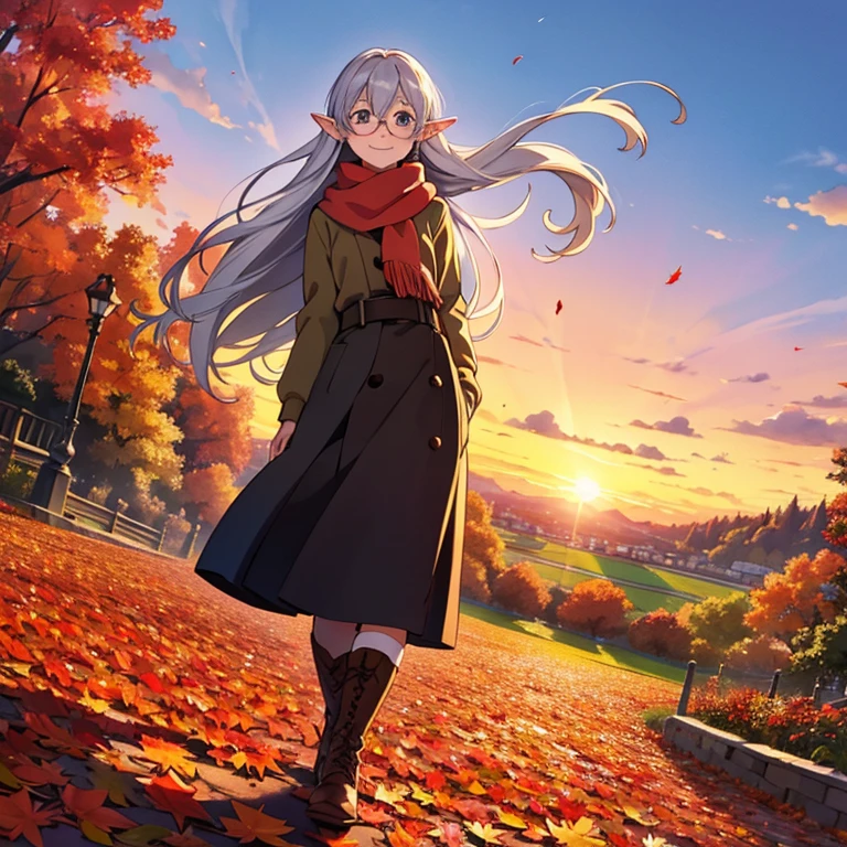 masterpiece， best quality， High image quality，(  super flat  ,    Flat Shading  )，Elf、Glasses，Beautiful silver hair、  Fisheye Lens  ， Beautiful young mother and lovely daughter，   warm scarf， (naked)，Long Hair，  boots, smile, smile，White Breath，fun, play，Autumn park garden，  Pretty Fall Foliage ，Fallen leaves vaginal discharge ，Autumn sky，At dusk，Beautiful sunset，Wide angle，  bright color ，watercolor, Ghibli style，Strong winds，  Girl Temptation，