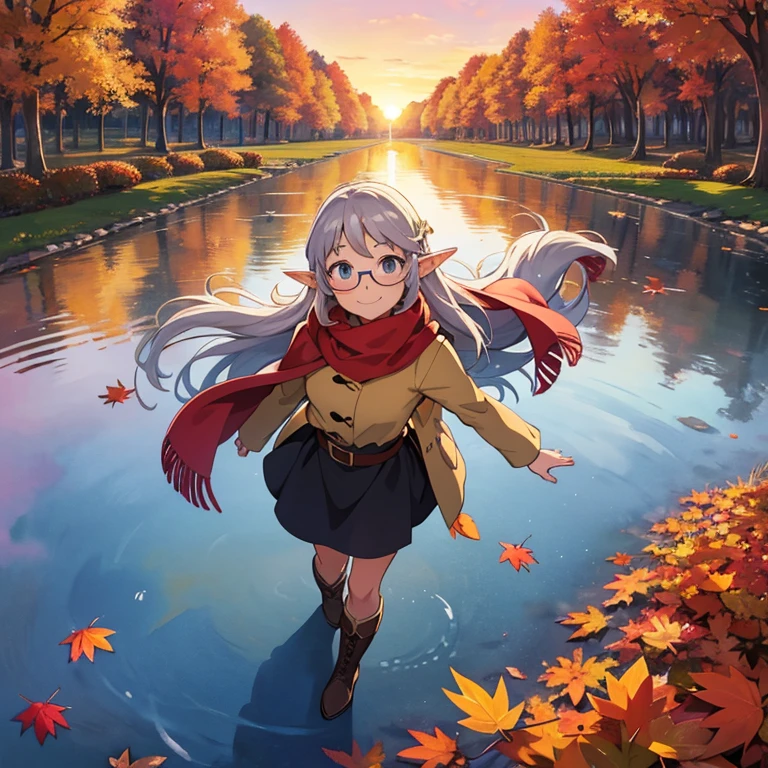 masterpiece， best quality， High image quality，(  super flat  ,    Flat Shading  )，Elf、Glasses，Beautiful silver hair、  Fisheye Lens  ， Beautiful young mother and lovely daughter，   warm scarf， (naked)，Long Hair，  boots, smile, smile，White Breath，fun, play，Autumn park garden，  Pretty Fall Foliage ，Fallen leaves vaginal discharge ，Autumn sky，At dusk，Beautiful sunset，Wide angle，  bright color ，watercolor, Ghibli style，Strong winds，  Girl Temptation，