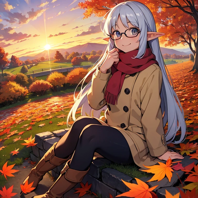 masterpiece， best quality， High image quality，(  super flat  ,    Flat Shading  )，Elf、Glasses，Beautiful silver hair、  Fisheye Lens  ， Beautiful young mother and lovely daughter，   warm scarf， (naked)，Long Hair，  boots, smile, smile，White Breath，fun, play，Autumn park garden，  Pretty Fall Foliage ，Fallen leaves vaginal discharge ，Autumn sky，At dusk，Beautiful sunset，Wide angle，  bright color ，watercolor, Ghibli style，Strong winds，  Girl Temptation，