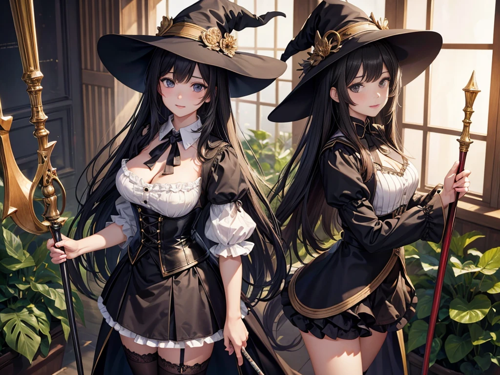 (((yuri))), (((2 girls))), traditional witch outfit, hat, absurdres, RAW photo, extremely delicate and beautiful, masterpiece, Best Quality, ultra high resolution, 32k, hyperrealistic, ultra-detailed, detailed description, perfect anatomy, pale skin, 20 years old, detailed beautiful face and eyes, tearful mole, earring, short medium hair, wavy hair, random colored hair, whole body shot, colossal tits,