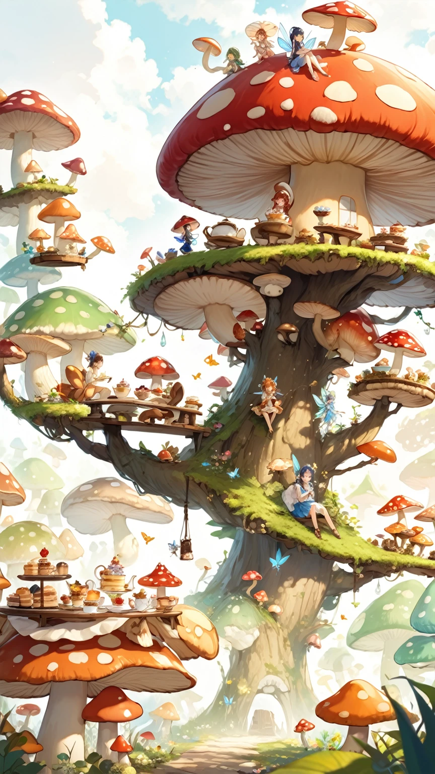 Fairy, mushroom forest, mushroom desk, mushroom chair, afternoon tea, tea time, cake