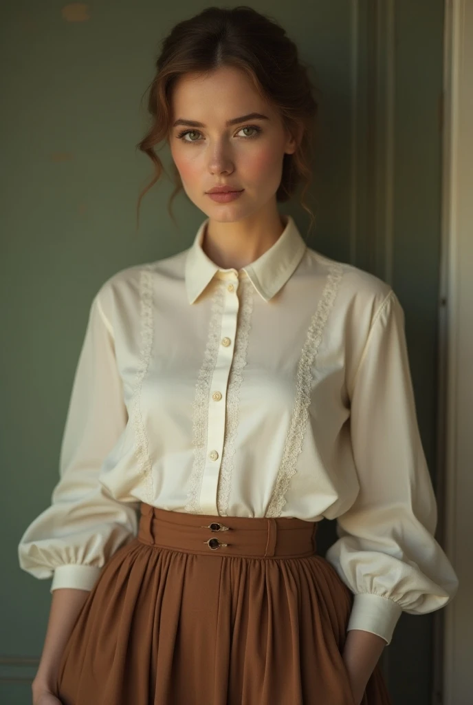 European woman model wearing a skirt and blouse set with fabric with baroque embossed details 