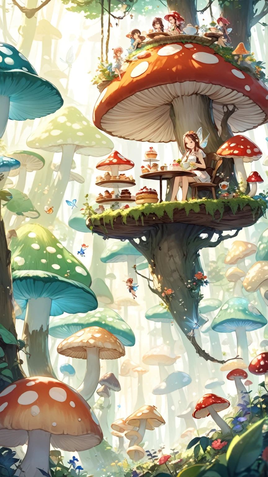 Fairy, mushroom forest, mushroom desk, mushroom chair, afternoon tea, tea time, cake