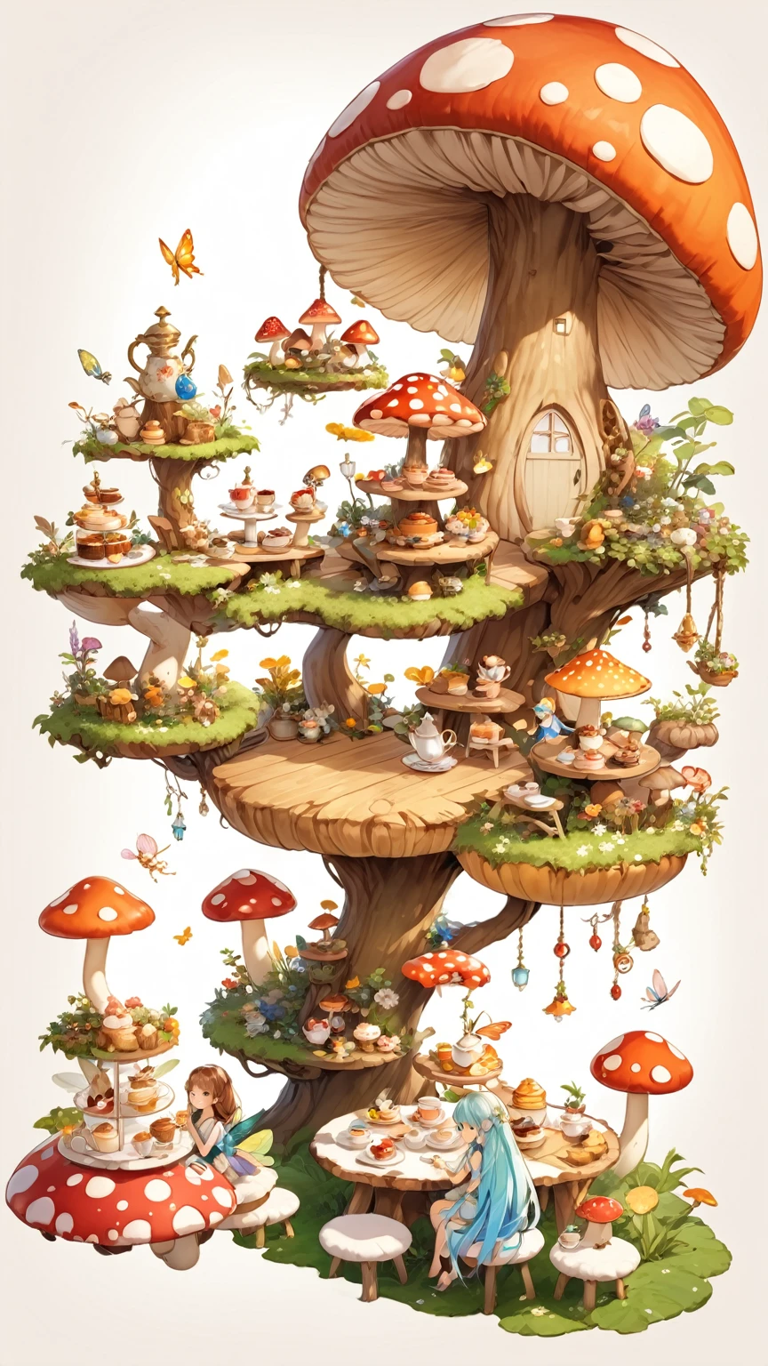 Fairy, mushroom forest, mushroom desk, mushroom chair, afternoon tea, tea time, cake