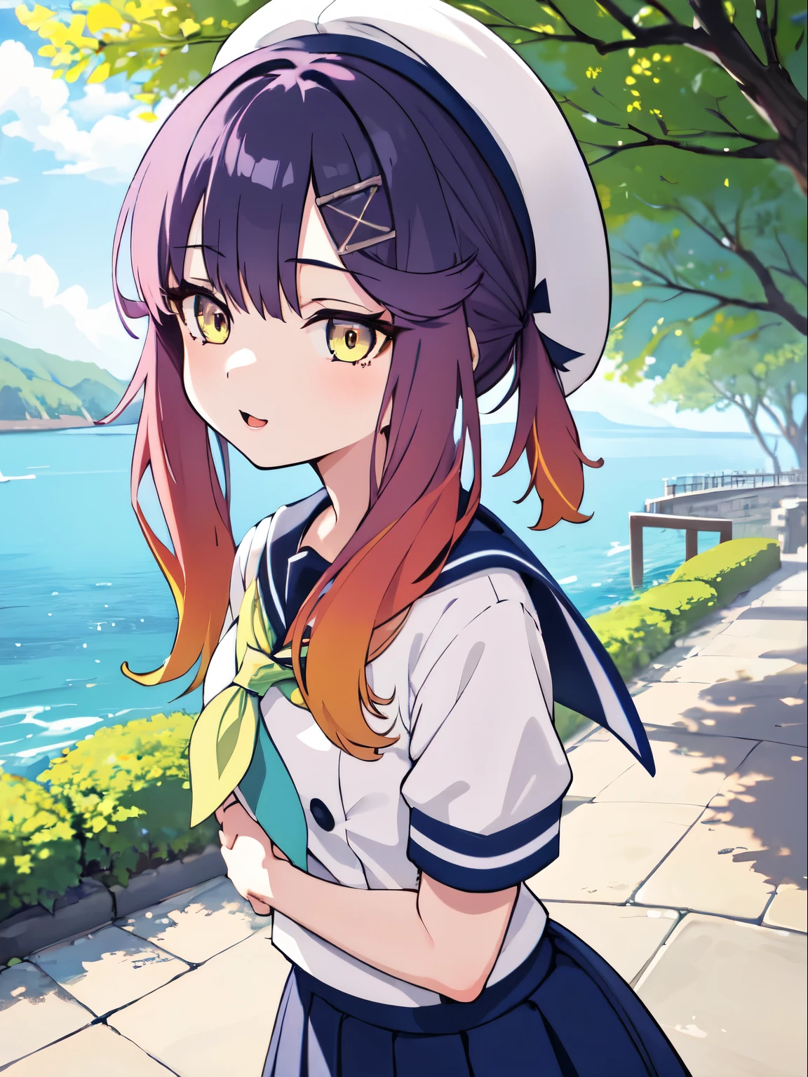  one girl . Alone,
Tsushima \(  fleet collection\),  purple hair,  orange hair ,  gradation hair , Multicolored Hair,  side lock,  yellow eyes,
, Seraph, White Hat, Sailor&#39;s hat,  Blue Ribbon ,  Hair Accessory,  hair clips,  blue sailor color,  blue neckerchief,  Puff Sleeves ,  white gloves,  blue skirt ,  Pleated Skirts,  black knee socks , Grey footwear, shoes,
Outdoor,.( panchira )