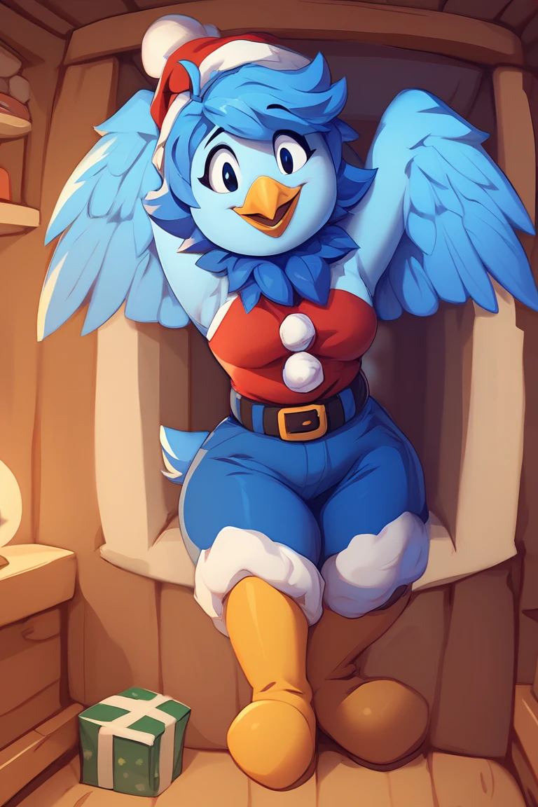 Martlet ,  Undertale Yellow , Alone, short blue hair, Blue plumage ,  Wings instead of arms ,  fitted blue long patalon,  short blue bird tail ,  plumage around his light blue neck,  yellow bird beak ,  Simple background, Avián , anthropomorphic, FE, happy smile, trajes de Santa Claus FE, looking at the viewer, breasts, inside a cabin, Christmas.