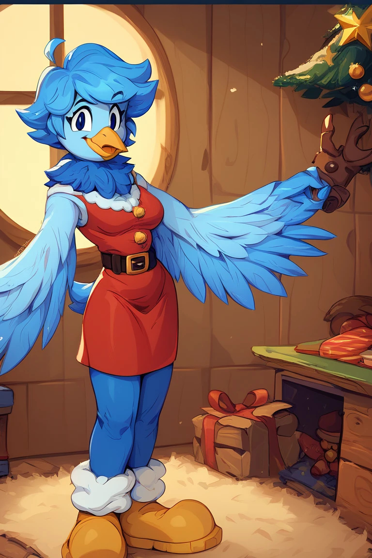 Martlet ,  Undertale Yellow , Alone, short blue hair, Blue plumage ,  Wings instead of arms ,  fitted blue long patalon,  short blue bird tail ,  plumage around his light blue neck,  yellow bird beak ,  Simple background, Avián , anthropomorphic, FE, happy smile, trajes de Santa Claus FE, looking at the viewer, breasts, inside a cabin, Christmas.