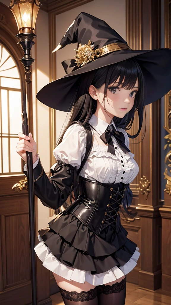  masterpiece,  Best quality , high resolution,  beautiful detailed eyes ,  extremely detailed face, Detailed CG, 1 girl; standing, Holds a wizard's staff with his hand, View from the back, looking at the viewer,  long black hair , black eyes,  impossible clothing with ruffles , blouse, black corset, Black miniskirt, brown stockings,  witch hat, elegant room, mansion, by day