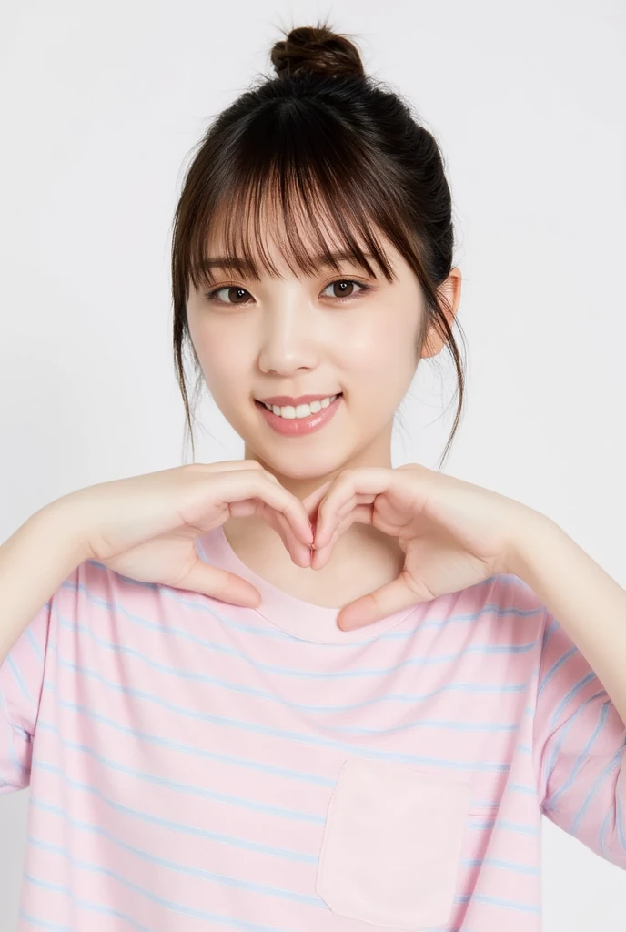 Only one woman with a cute smile wears cute, fluffy off-shoulder pajamas, makes a big heart shape with both hands, and poses them in front of her chest, View above collarbone、The background is a monotone 、
