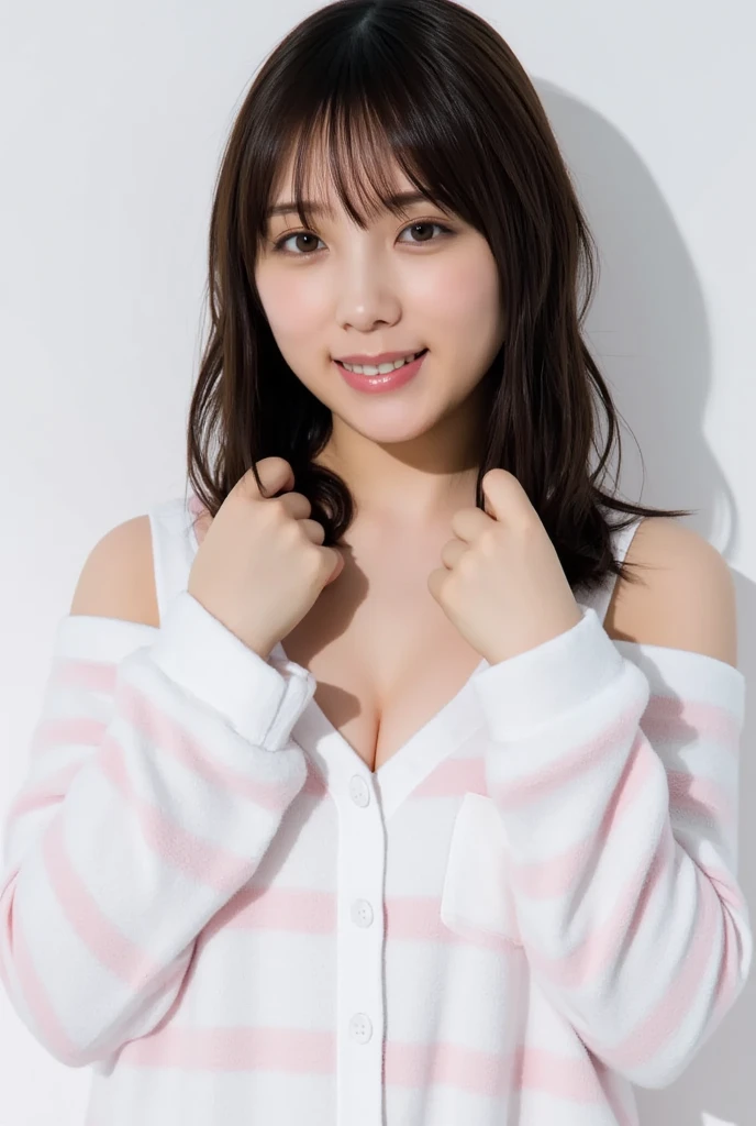 Only one woman with a cute smile wears cute, fluffy off-shoulder pajamas, makes a big heart shape with both hands, and poses them in front of her chest, View above collarbone、The background is a monotone 、
