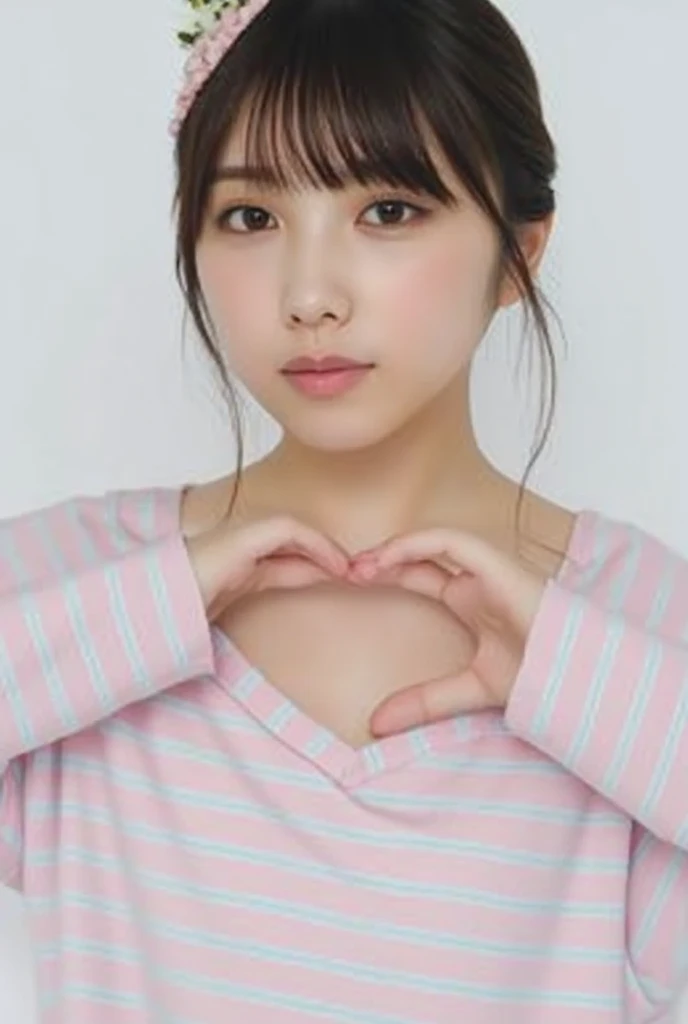 Only one woman with a cute smile wears cute, fluffy off-shoulder pajamas, makes a big heart shape with both hands, and poses them in front of her chest, View above collarbone、The background is a monotone 、
