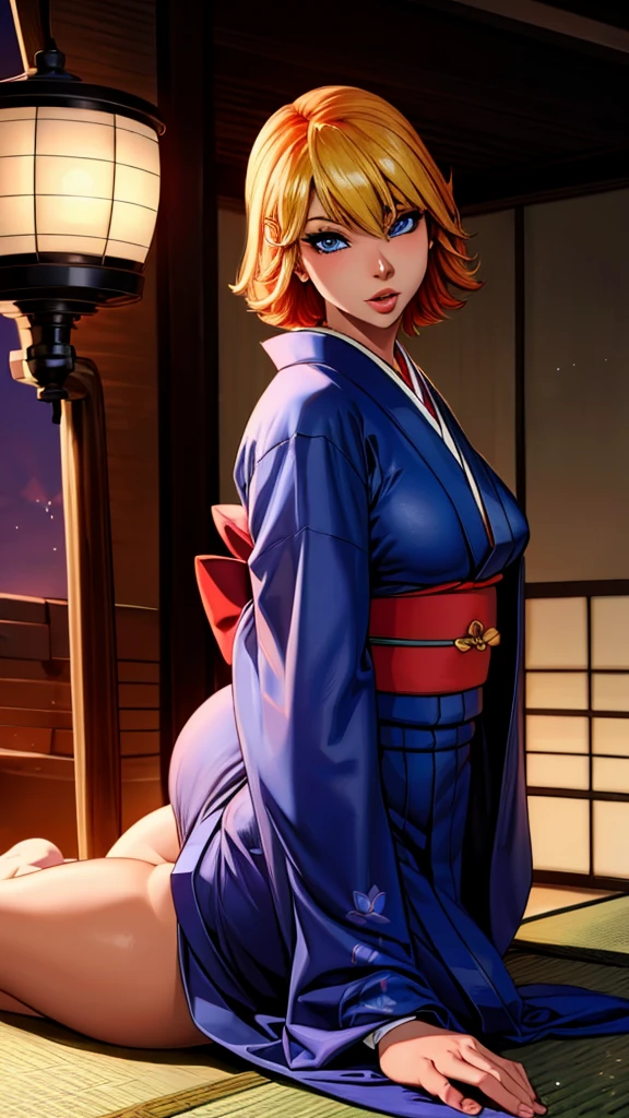 joanna dark, short hair, red hair, blonde hair, blue eyes, (((sexy kimono))), (((tanned skin))), pump lips, ((fit body)), masterpiece, high contrast, detailed, skin texture, hyper detailed, best quality, high resolution, detailed, (high detailed skin:1.2), 8k uhd, dslr, soft lighting, high quality, film grain), even, neutral light, key light, bold, bright colours, (((japanese mansion, traditional japanese mansion))), in PIT-Erotic-style style