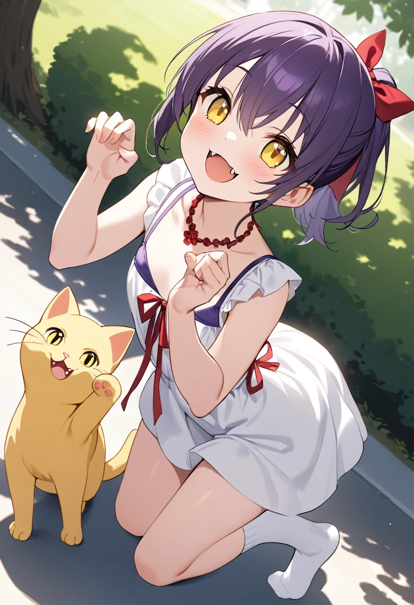  best quality、A girl、Wear an erotic bikini with a graceful flower 、Very young、 Short Ponytail 、 Big Ribbon Hair Tie、Dark purple hair、Yellow cat eyes 、Cute Fangs、Red Ribbon Necklace 、 Red and White Dress、 holding white socks 、Cat Pose、smile、Park Tree Shadow 、 Light Shines In 