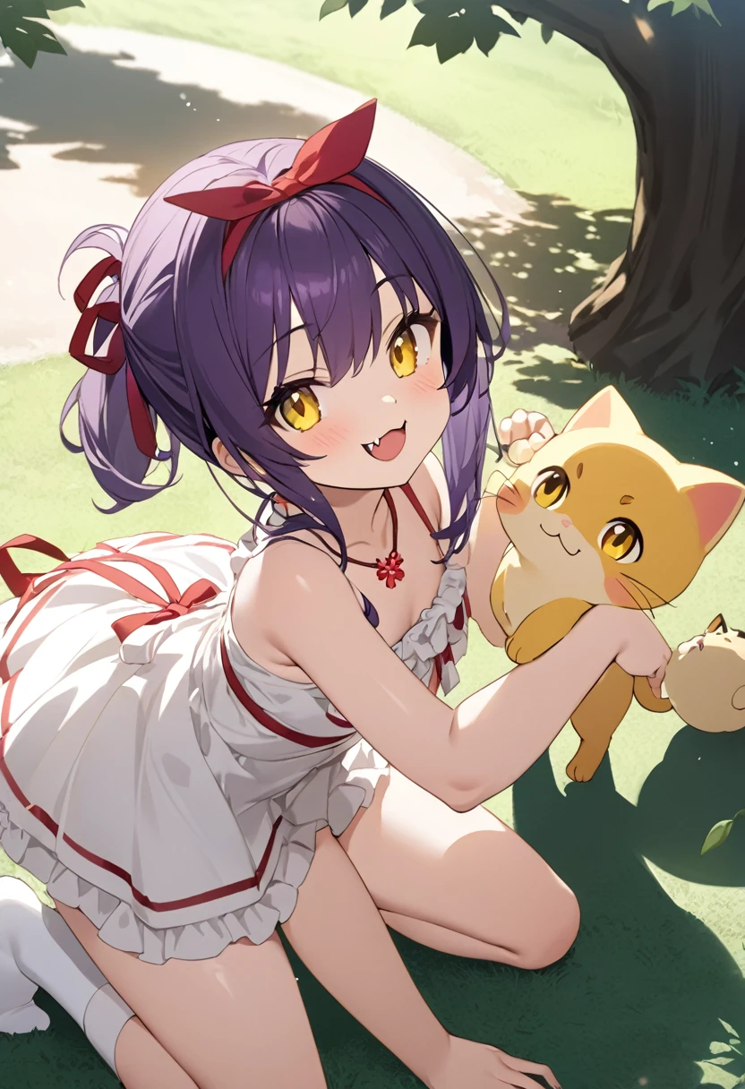  best quality、A girl、Wear an erotic bikini with a graceful flower 、Very young、 Short Ponytail 、 Big Ribbon Hair Tie、Dark purple hair、Yellow cat eyes 、Cute Fangs、Red Ribbon Necklace 、 Red and White Dress、 holding white socks 、Cat Pose、smile、Park Tree Shadow 、 Light Shines In 