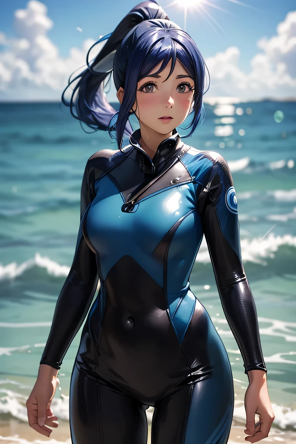  perfect anatomy　 best quality, highest resolution,(((Shiny wetsuit　 blue hair　 ponytail)))　Love Live!！Sunshine!!　Matsuura Kanan 