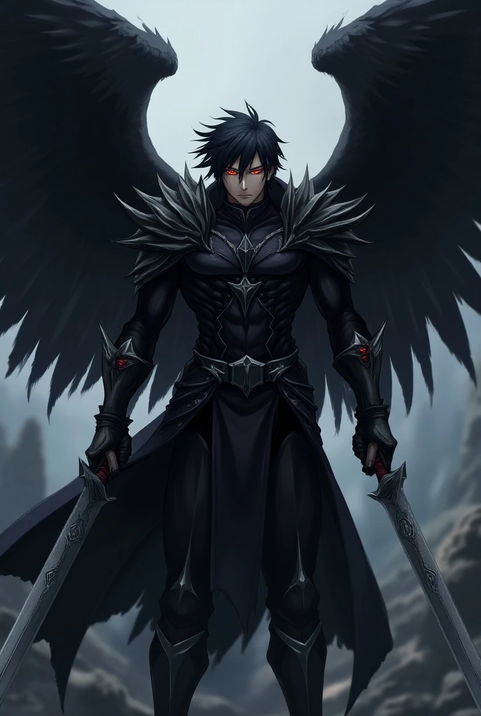 Dark male anime-style warrior with wings and sword and removable helmet