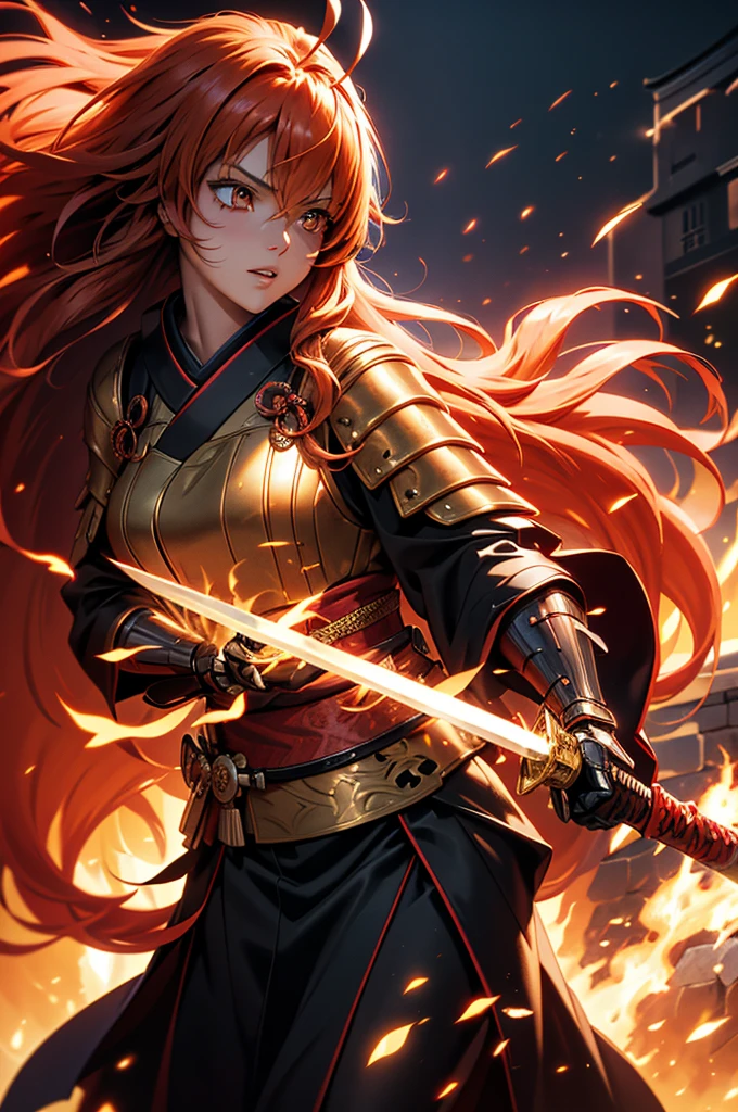 1 girl in armor, intence sirious, (snake pupils:0.7), (golden eyes:1.1), (red hair:1.5), もみあげ, ahoge, hair over one eye, long hair, dark-skinnedfemale, tight waist, (black kimono:1.3), Wearing light armor, wearing katana on waist, japanese old castle in the background, cinematic lighting, cowboy shot, close-up, UHD, retina, masterpiece, accurate, anatomically correct, textured skin, super detail, high details, high quality, award winning, best quality, highres