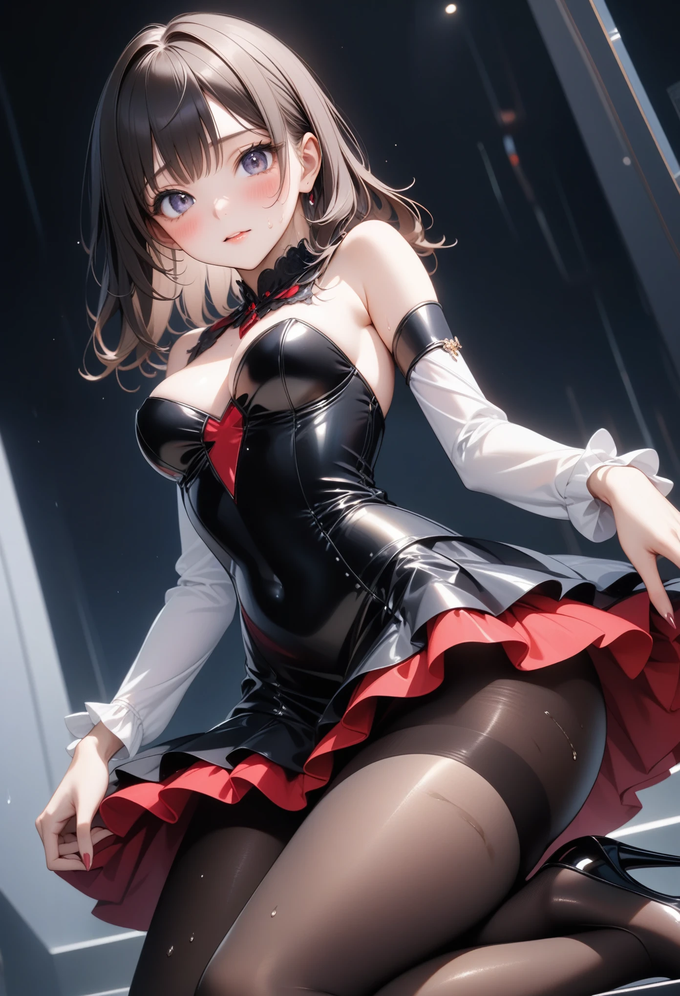 (((Costumes that exude evil, skirt))), ((Shiny Costumes)), ((skindentation)), skinny, solo, 1 woman, Masterpiece, highest quality, highest quality, 16K, incredibly absurd, highly detailed, 2.5D, ai-generated, delicate and dynamic, very delicate facial expressions, delicate eye depiction, erotic, only sexy woman, ((A cute and kind face)), healthy figure, ((25-year-old woman)), 160cm tall, medium firm swaying bust, Dark Hair, blush, Sweat,Embarrassed,sexy, ((thin thighs)), shiny and lustrous, facing straight at viewer, (((in heat))), ((Oily_skin)), ((Lots of sweat)), (((Brown Skin))), ((dutch angle)), ((erotic pose)), (((Dynamic Pose))), ((Starry Sky)),, (camel toe:0.7), (visible nipples:0.7), (Erect nipples,:0.7),