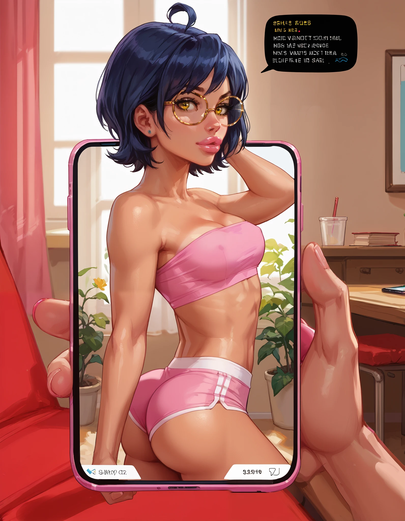 score_9, score_8_up, score_7_up, source_anime, full lips, side part, golden tan skin, pink tube top, small breasts, pink tight micro shorts, toned, bubble butt, athletic, slim, mz, ahoge, short hair, blue hair, yellow eyes, glasses, phone exposure, phone pov, ((on the phone screen is the photo of character:1.2)), (on the phone screen character: naked girl), first person view, bmbplora, YR_GradLight, AniPnyXLQual