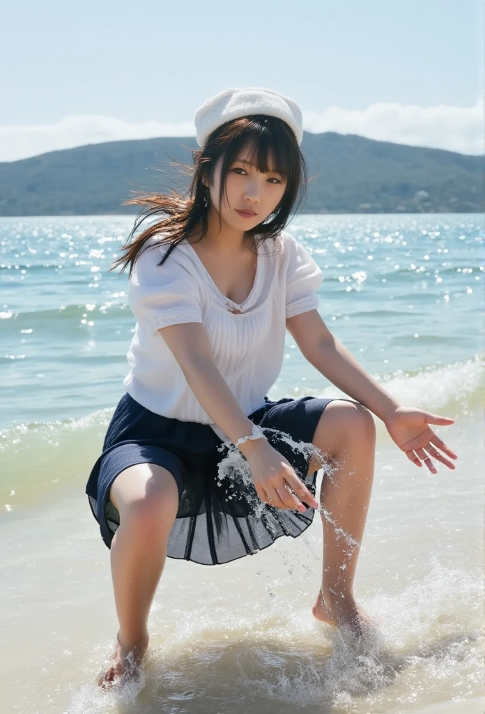 heavy rain,Daytime,Wet city road ,drenched, Dripping, Wet Face,Wet clothes, Wet Skin, Wet Hair,A young woman with a cute face like an idol,(((Cleavage))),(White blouse),(mini skirt),((Full body portrait)),(((The clothes start to melt in the water and the skin becomes visible.))),RAW Photos,Genuine,Genuine,High resolution,RAW Photos,masterpiece, beautiful