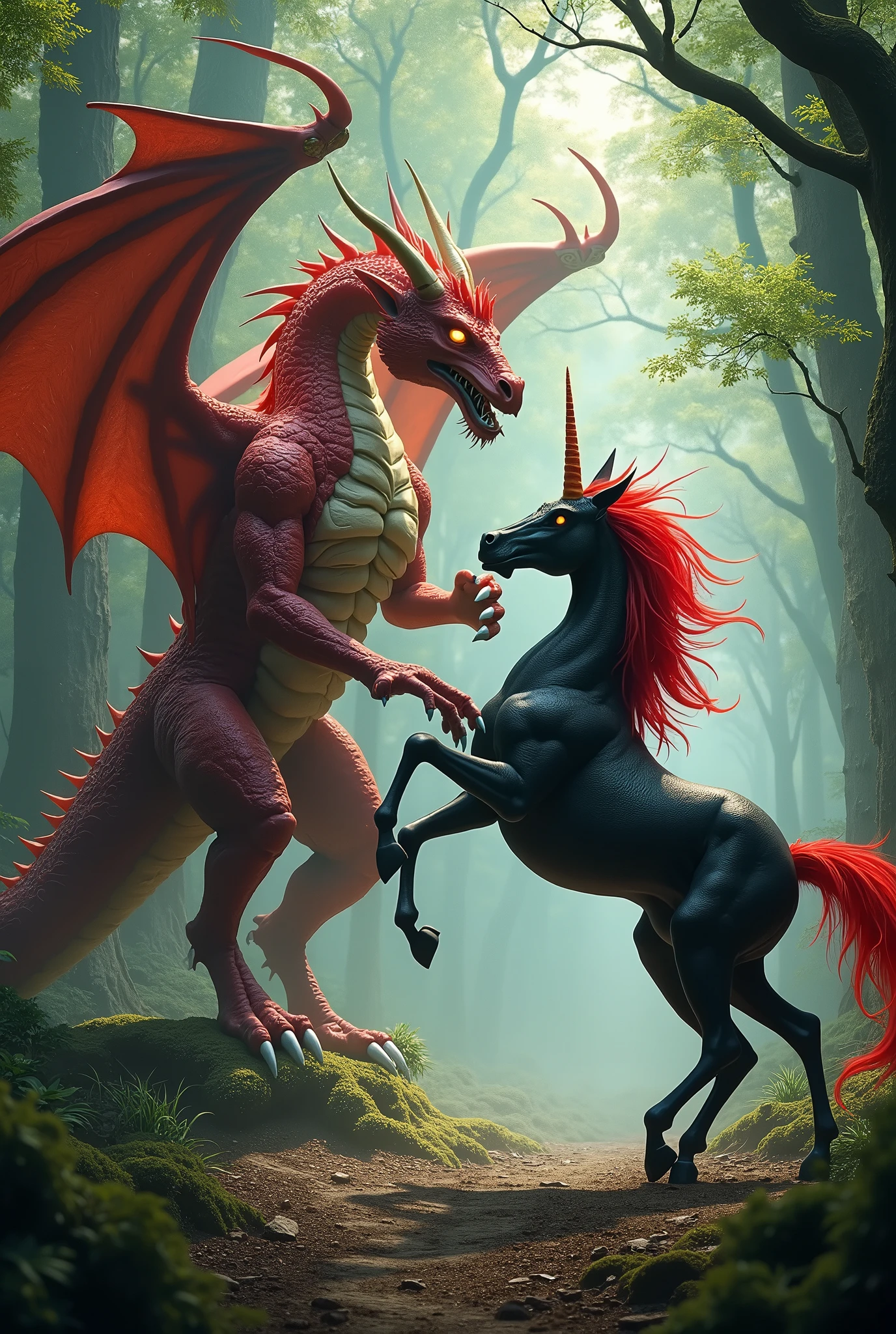 ((((photorealistic feral unicorn horse with dragon)))), ((screaming, in pain)), ((((feral, duo, sheath penetration, docking, flared penis in sheath )))), looing at each other, chest to chest, standing